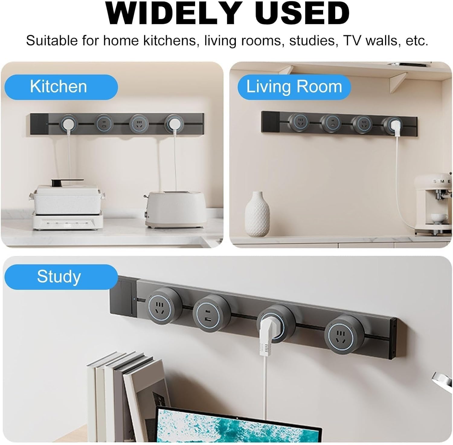 Regleta De Enchufes Power Track, Riel Deslizante De Pared De 8000 W con Adaptadores De Enchufe De 2500 W, Tomas De Corriente Giratorias Y Móviles para Cocina, Oficina Y Hogar. Black 80cm