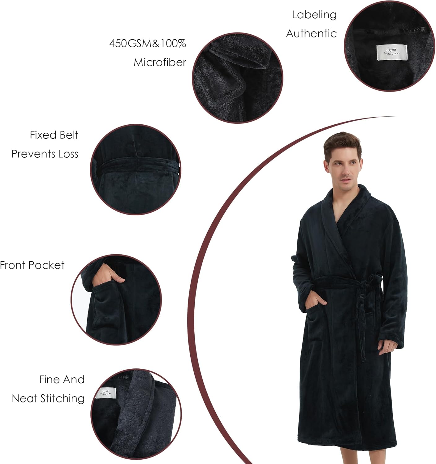 Mens Fleece Bathrobe with Shawl Collar,Soft Warm Knee Length -Mens' Plush Bathrobe- Soft Fleece Spa Bath Robe for Men - Image 4