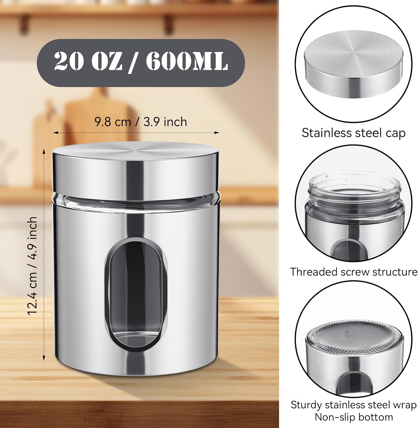 Mimorou 3 Pcs Stainless Steel Canister Set with Glass Windows Visible Storage Jars Silver Kitchen Canister Set for Pasta Flour Oat Sugar Container, Kitchen Tools, Housewarming Gifts (20 oz) - Image 2