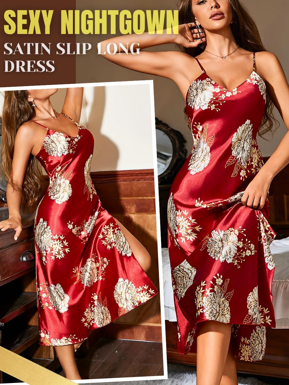 ChiaoLezhee Women's Silky Satin Floral Nightgown - Spaghetti Strap Slip Slit V Neck Luxury Sexy Long Night Dress Sizes S-XL