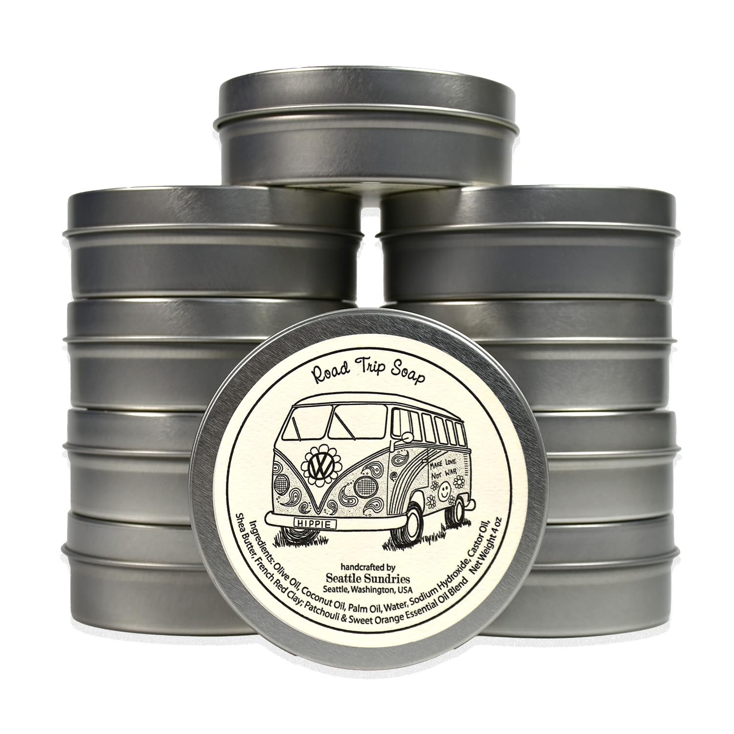 Seattle Sundries Patchouli Soap Bar for Women & Men - 10x (4oz) Vegan Handmade Bar Soap in a Low Waste Travel Tin - VW Van Gift Set Bundle