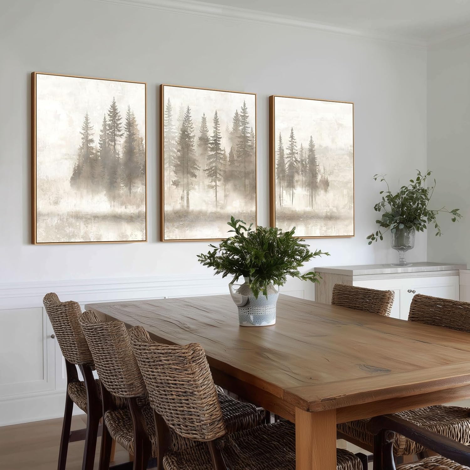 Zessonic Abstract Nordic Pine Forest Wall Art - Neutral Wabi Sabi Pine Tree Art Set of 3, Large Framed Foggy Forest Canvas Prints Modern Decor for Living Room, Dining Room, Office - 24x36inchx3pcs - Image 7