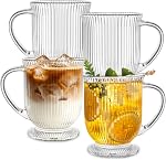 KEMORELA 16 Tasses à café en verre côtelé Oz Ensemble de 4 avec poignées, tasses de café claires pour boissons chaudes, idéal pour le thé, Cappuccino, Latte et Espresso