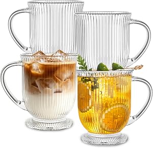 KEMORELA 16 Oz Ribbed Glass Coffee Mugs Set of 4 with Handles, Clear Coffee Cups for Hot Beverages, Ideal for Tea, Cappuccino, Latte and Espresso