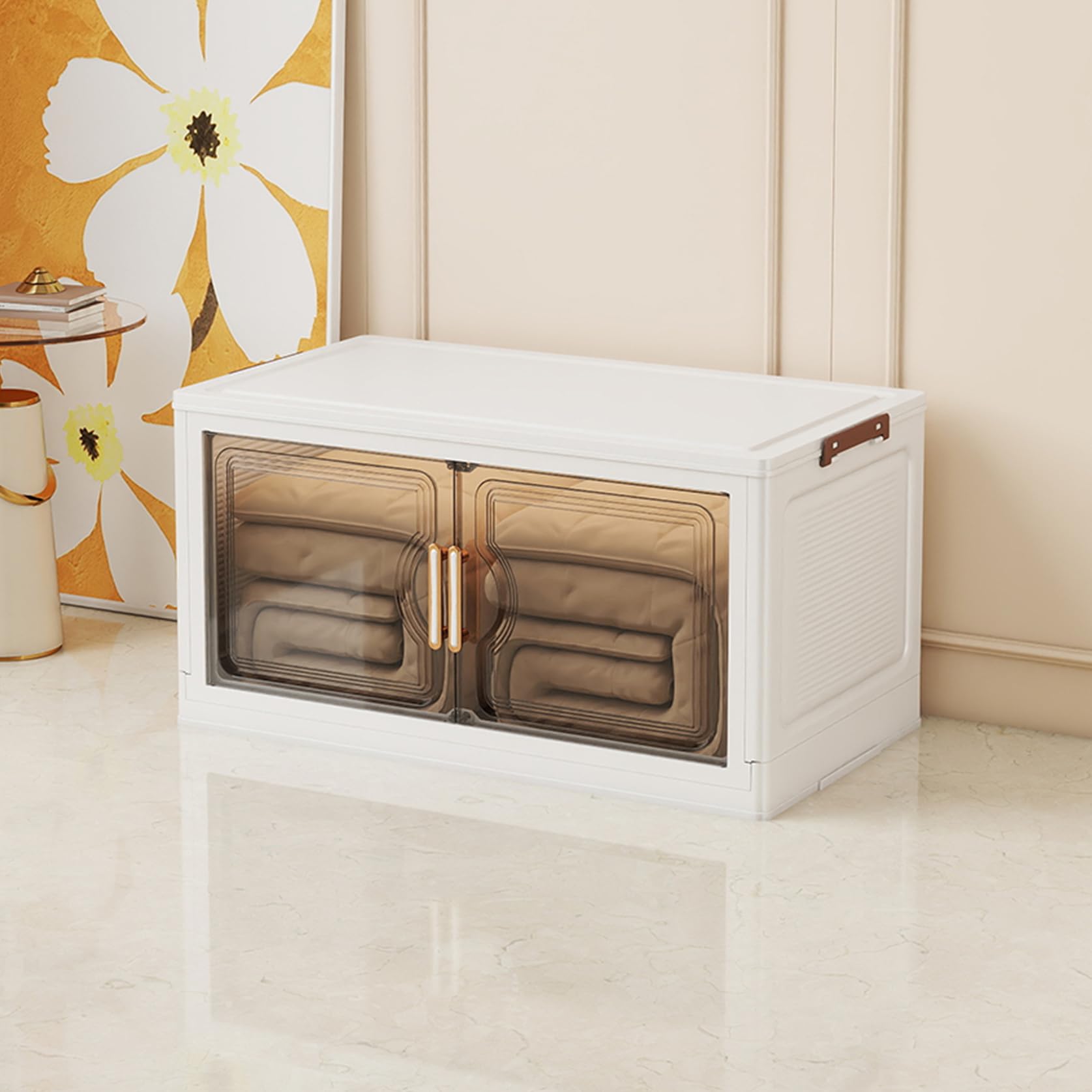 Box pliable avec couvercle empilable en plastique et roulettes pour rangement maison