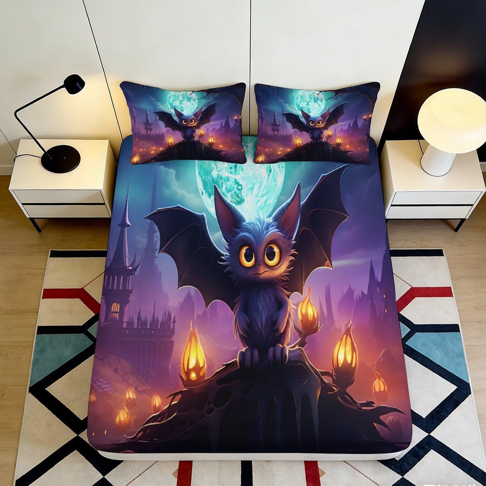 3D Printed Halloween Bat Fitted Sheet Microfiber Soft Breathable Moonlight Bed Cover for Bedroom Dormitory Guest Room Mattress Protection Decor 200x200x25cm