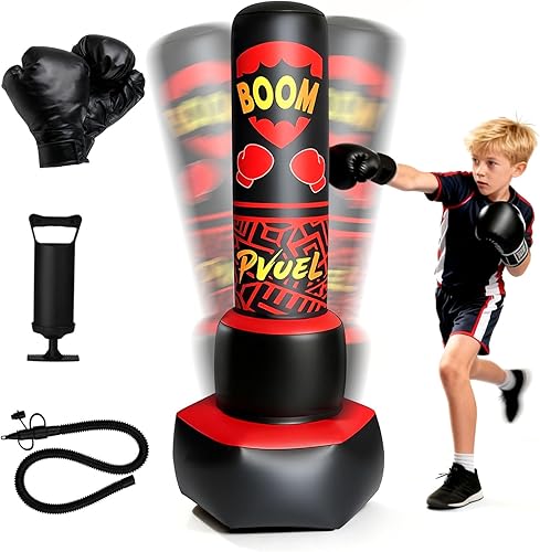 Miniatura 8 de FONESO Saco de boxeo inflable independiente para niños de 3 a 12 años, bolsa de boxeo resistente de 67 pulgadas con guantes de boxeo y bomba de aire