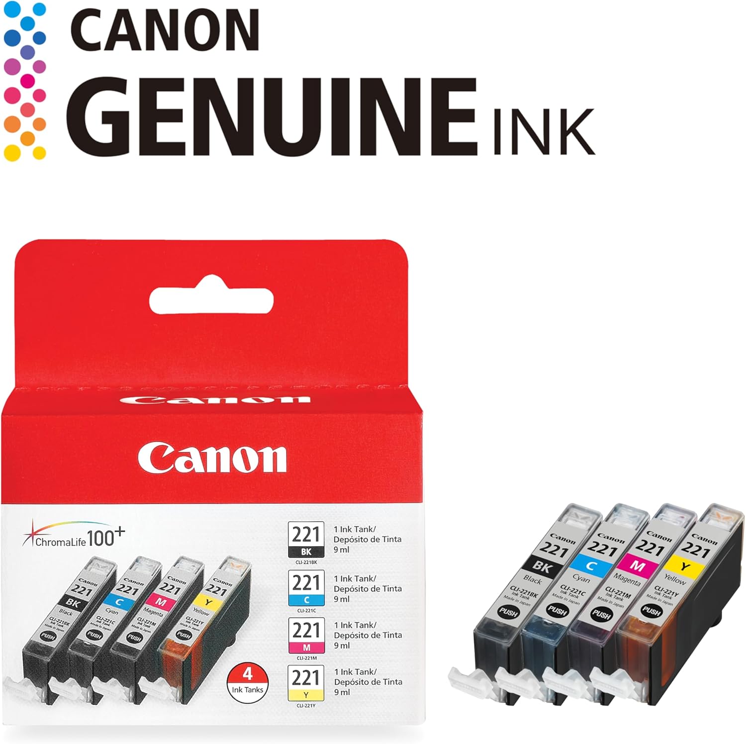 Canon CLI-221 Genuine Four Color Pack, Compatible with MP980, MP560, MP620, MP640, MP990, MX860, MX870, iP4600, iP3600, and iP4700 Printers