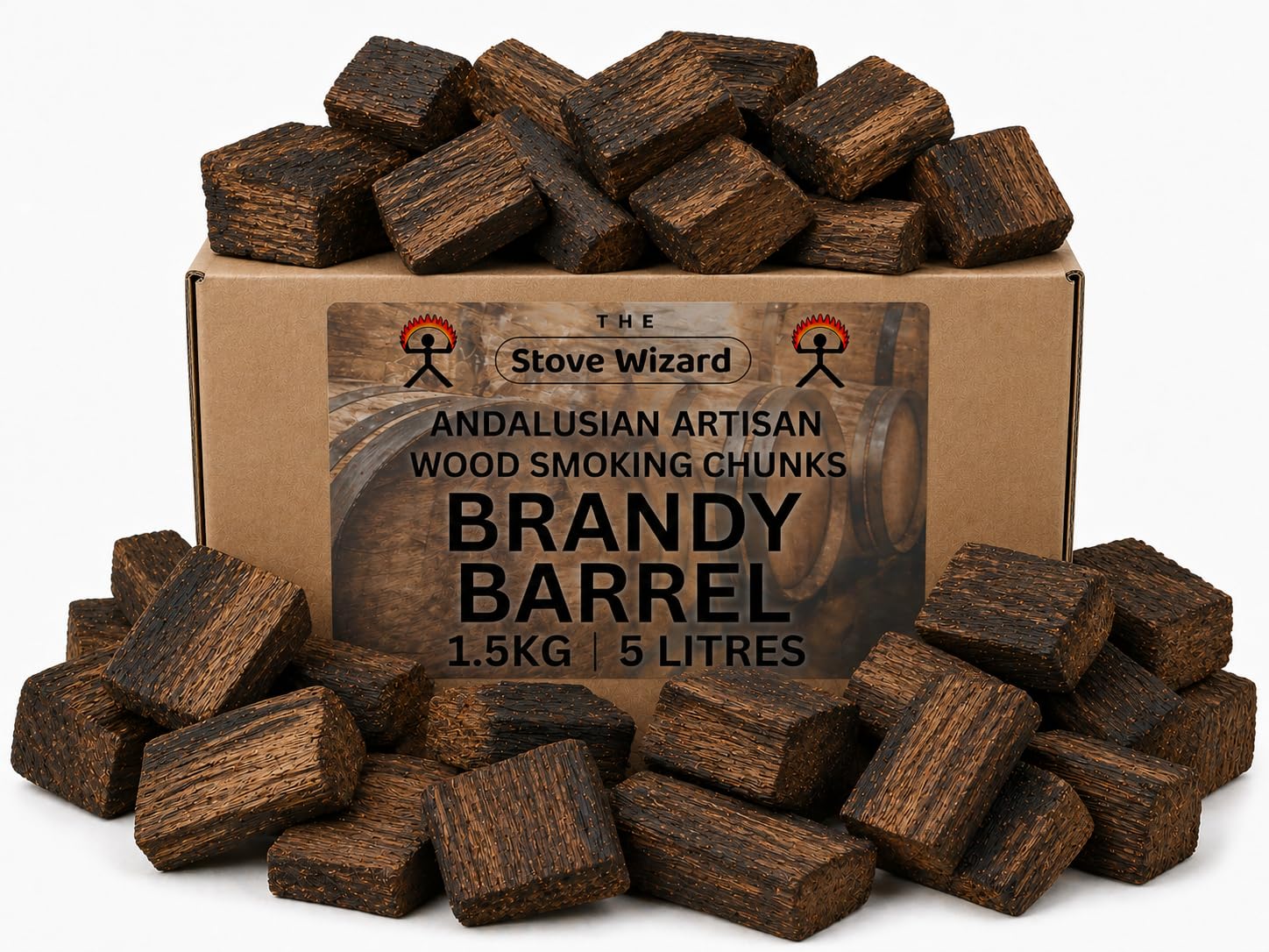 Brandy Barrel Wood BBQ Smoker Smoking Chunks 1.5kg Andalusian Artisan Premium Quality Natural Eco Friendly Wood Chunks for Gas & Charcoal Grill Outdoor Cooking for Authentic BBQ Flavour