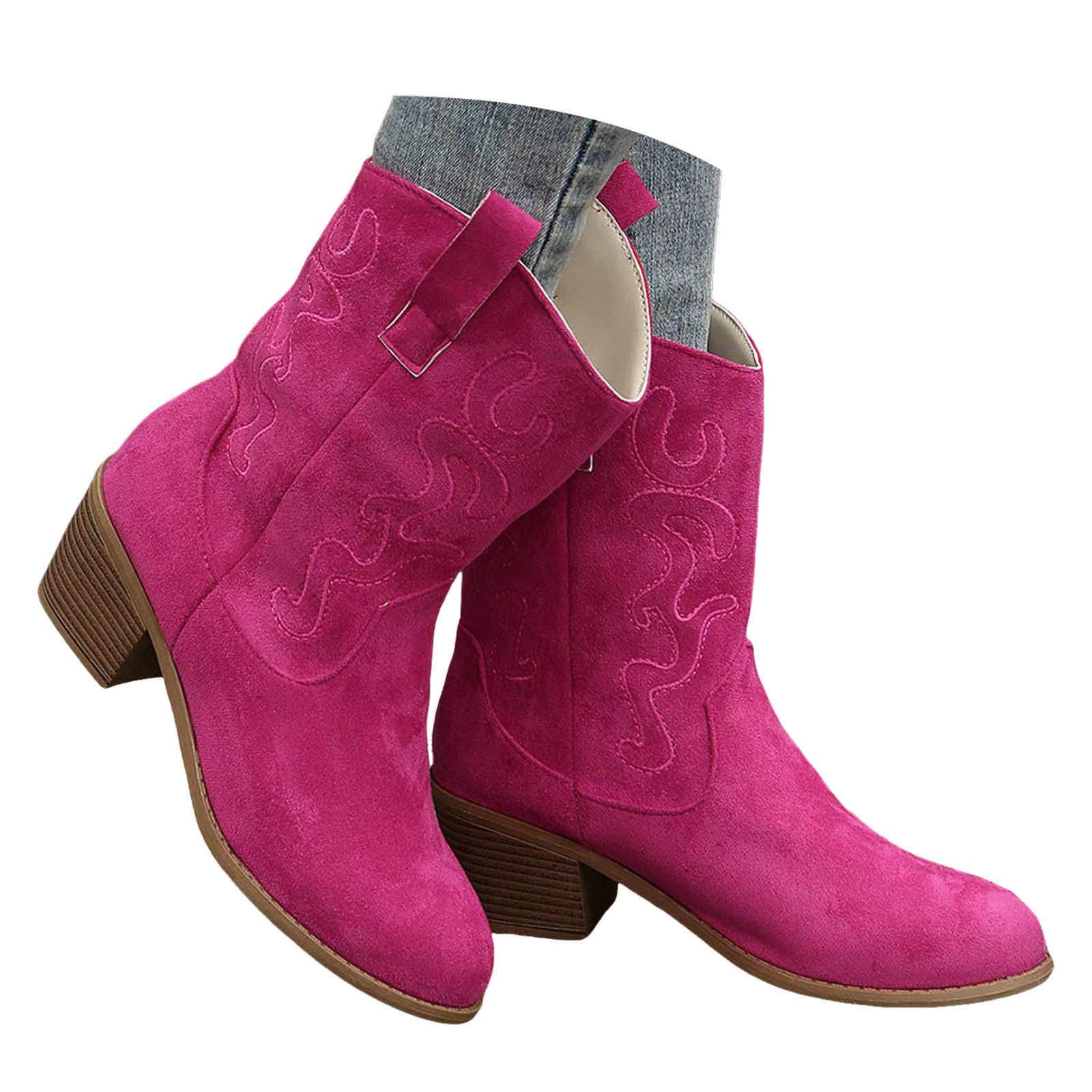 ZSpzx Cowboy Boots for Women Mid Calf Wide Calf Suede Stylish V-Cut Embroidery Western Cowgirl Booties Chunky Block