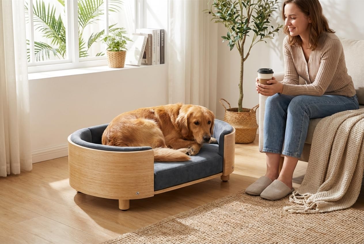 Scandinavian Style Elevated Dog Bed Pet Sofa with Solid Wood Legs and Wood Dog Bed Bent Wood Back, Velvet Cushion Dog Bed Wood Mid Size Dark Grey, Modern Minimalist Design