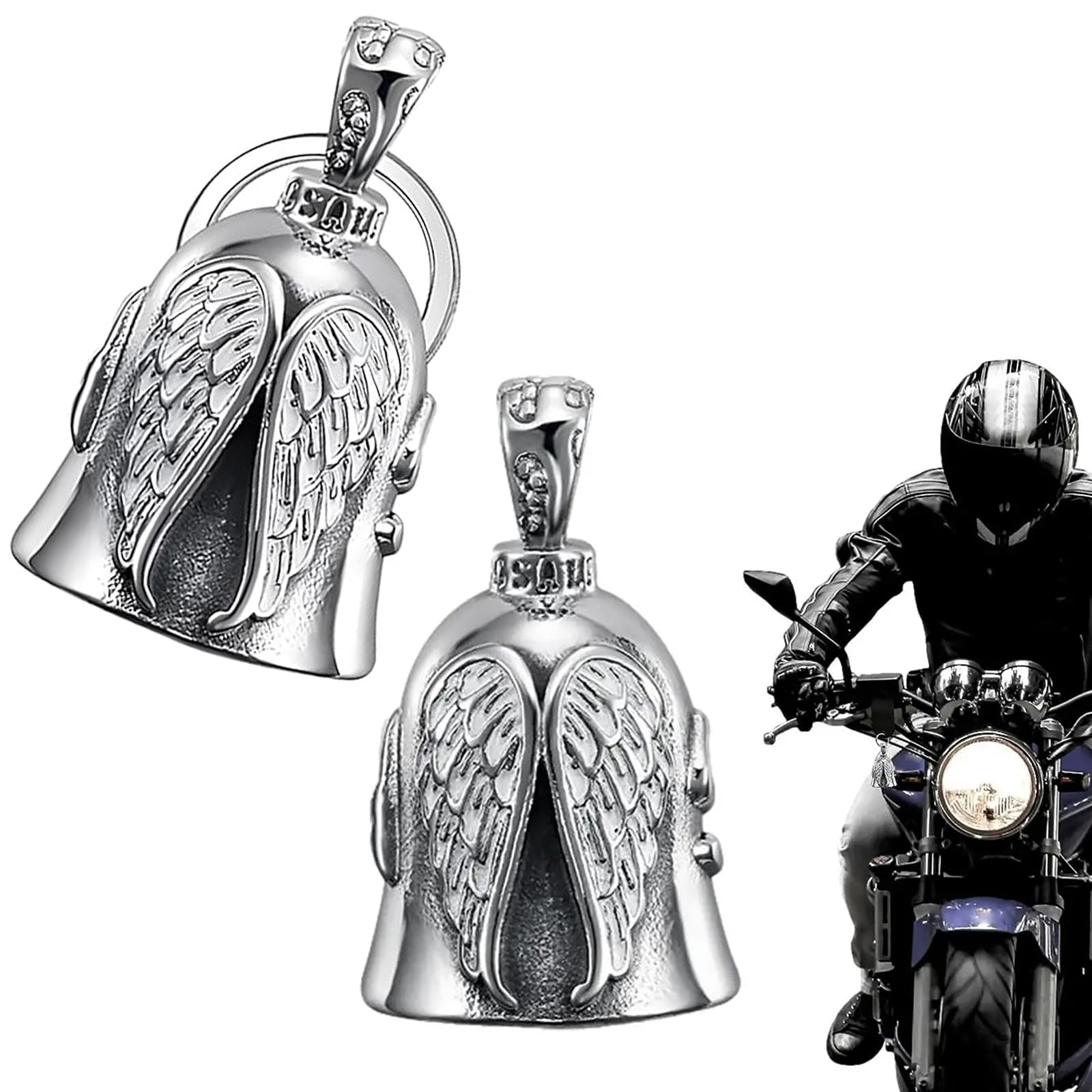 Guardian Bell Biker Bell, Motorrad Glocke Glücksbringer, Edelstahl Motorradglocke, Schutzglocke Engel Reitglocke, Motorradglocke Schlüsselanhänger für Segne Den Frieden, Glücksbringer (2PCS Engel)