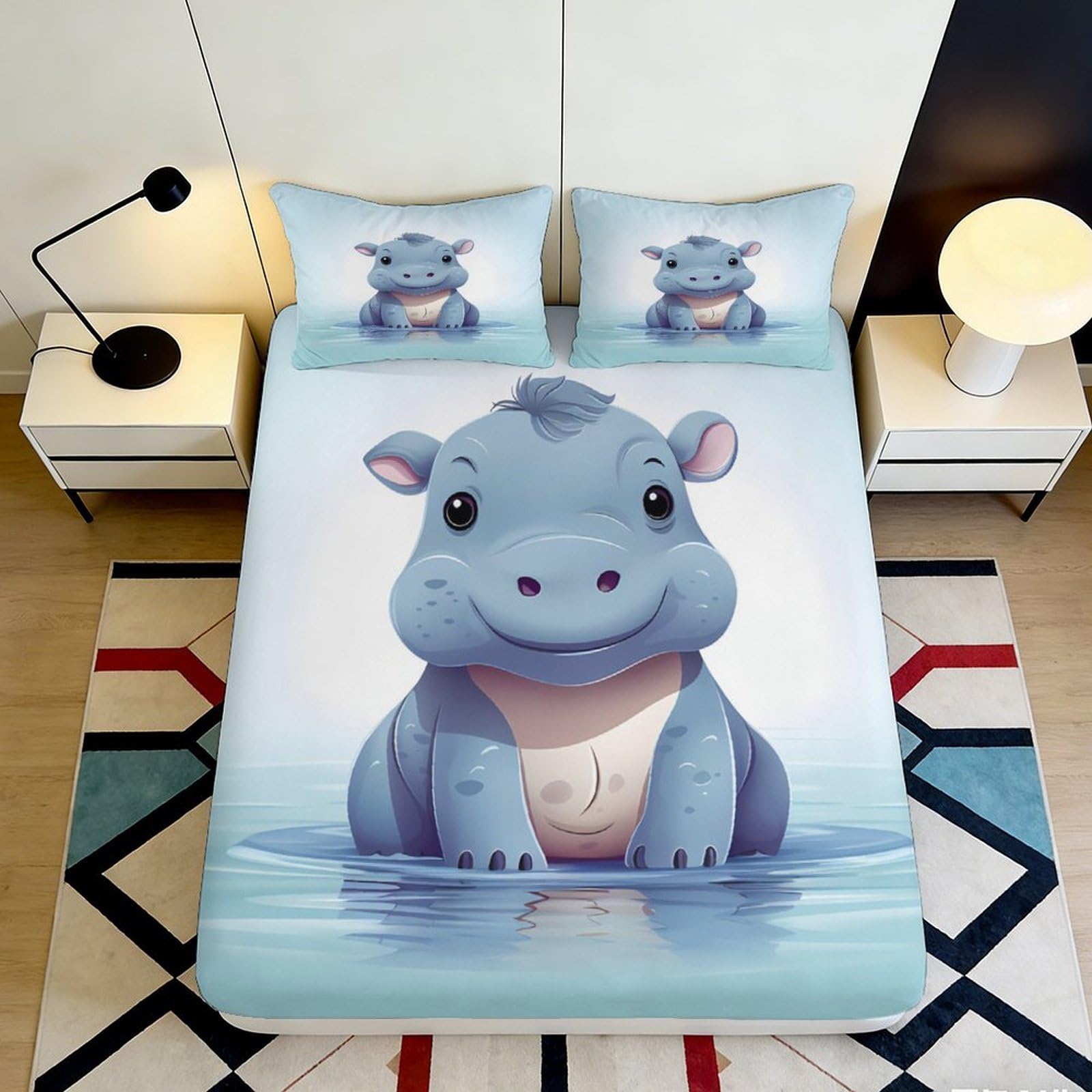 3D Printed Cute Hippo Fitted Sheet Microfiber Soft Blue Cartoon Animal Bed Cover for Bedroom Guest Room Mattress Decor 120x200x25cm