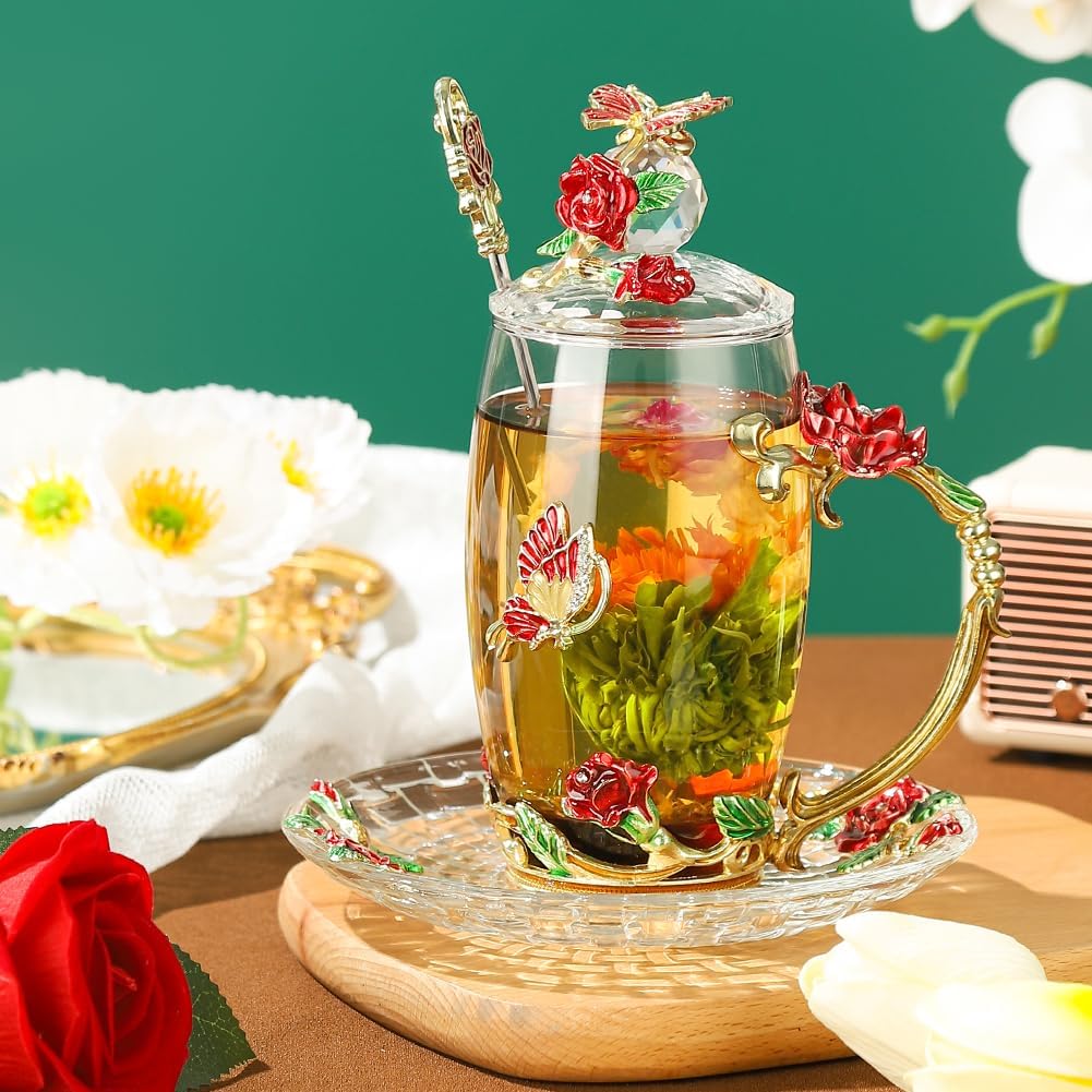Fancy Glass Tea Cup with Lid Saucer Spoon Flower Coffee Mug Unique Birthday Gift for Friend Female Mother-in-Low Daughter House Warming Gift(Tall Red) - Image 2
