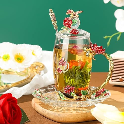 Miniatura 6 de Lantree. Taza de Navidad, para café, de vidrio, con tapa, cuchara, plato, para boda, aniversario, cumpleaños, para mujeres, mamá, hermana, amiga.