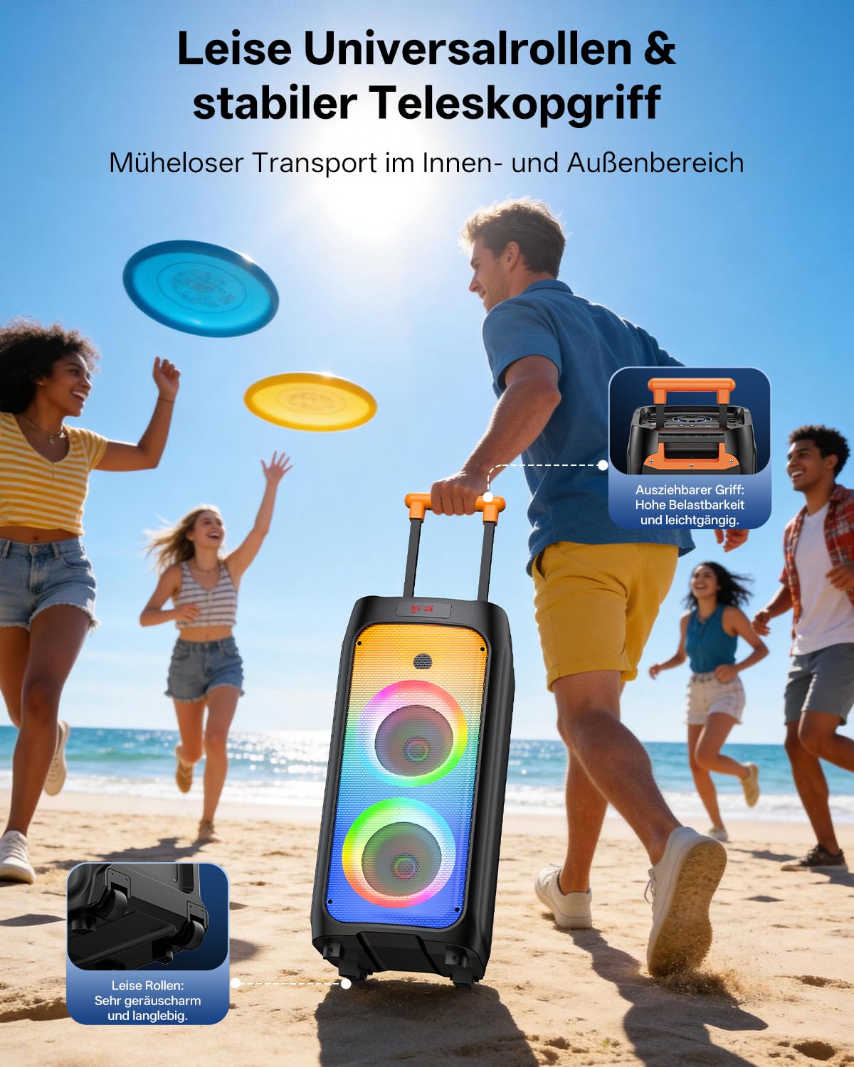 JYX Karaoke Anlage mit 2 drahtlosen Mikrofonen, Bluetooth Party Lautsprecher mit Rädern, Disco Lichtern und Subwoofer, 500W PA System für Party, Outdoor und Karaoke, TWS/SD/USB/AUX/Rec