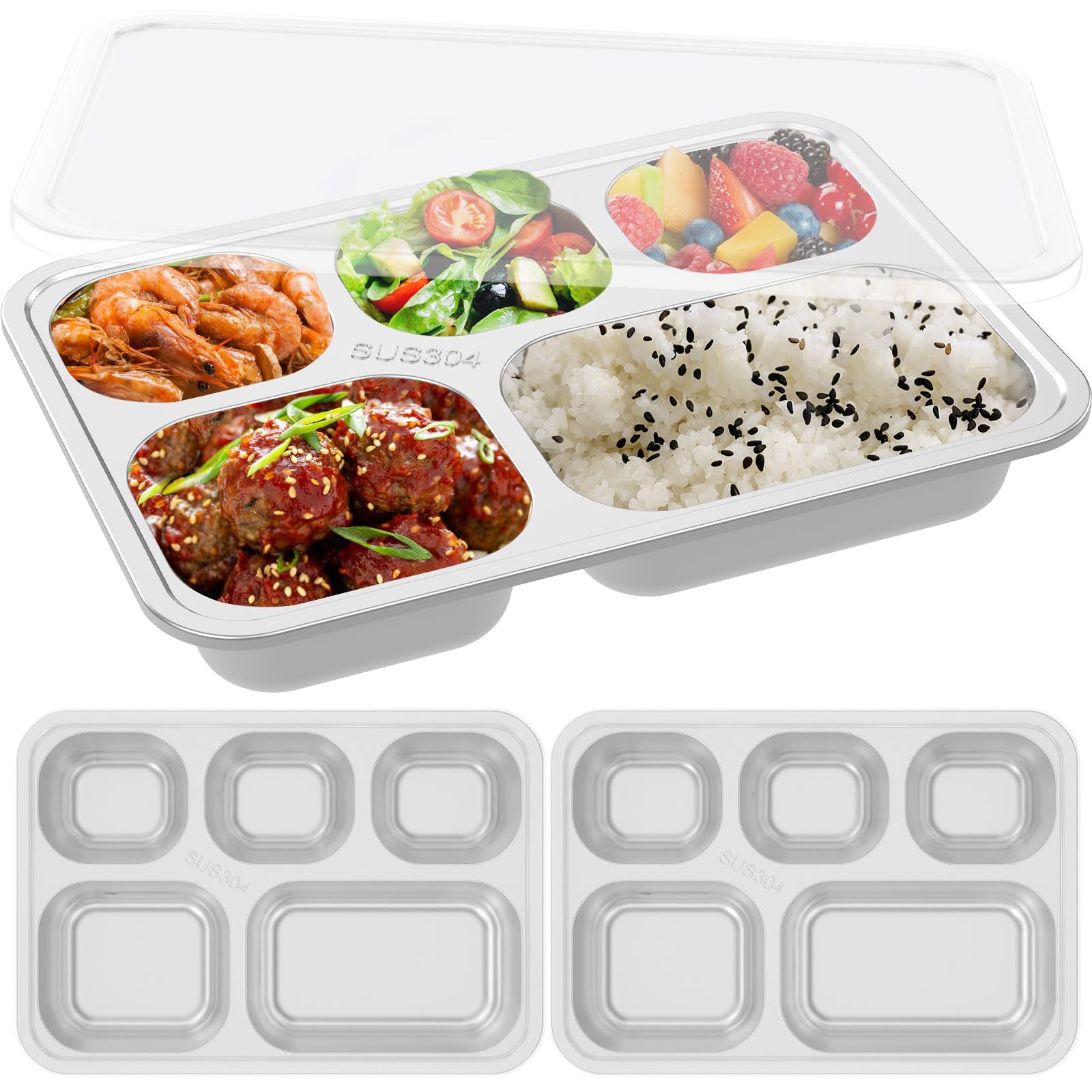 DJAPWPX-3Pcs Stainless Steel Snack Container with Clear Lid Stackable Stainless Steel Food Container 5 Compartments Stainless Steel Meal Container Stainless Steel Snack Box for School Home