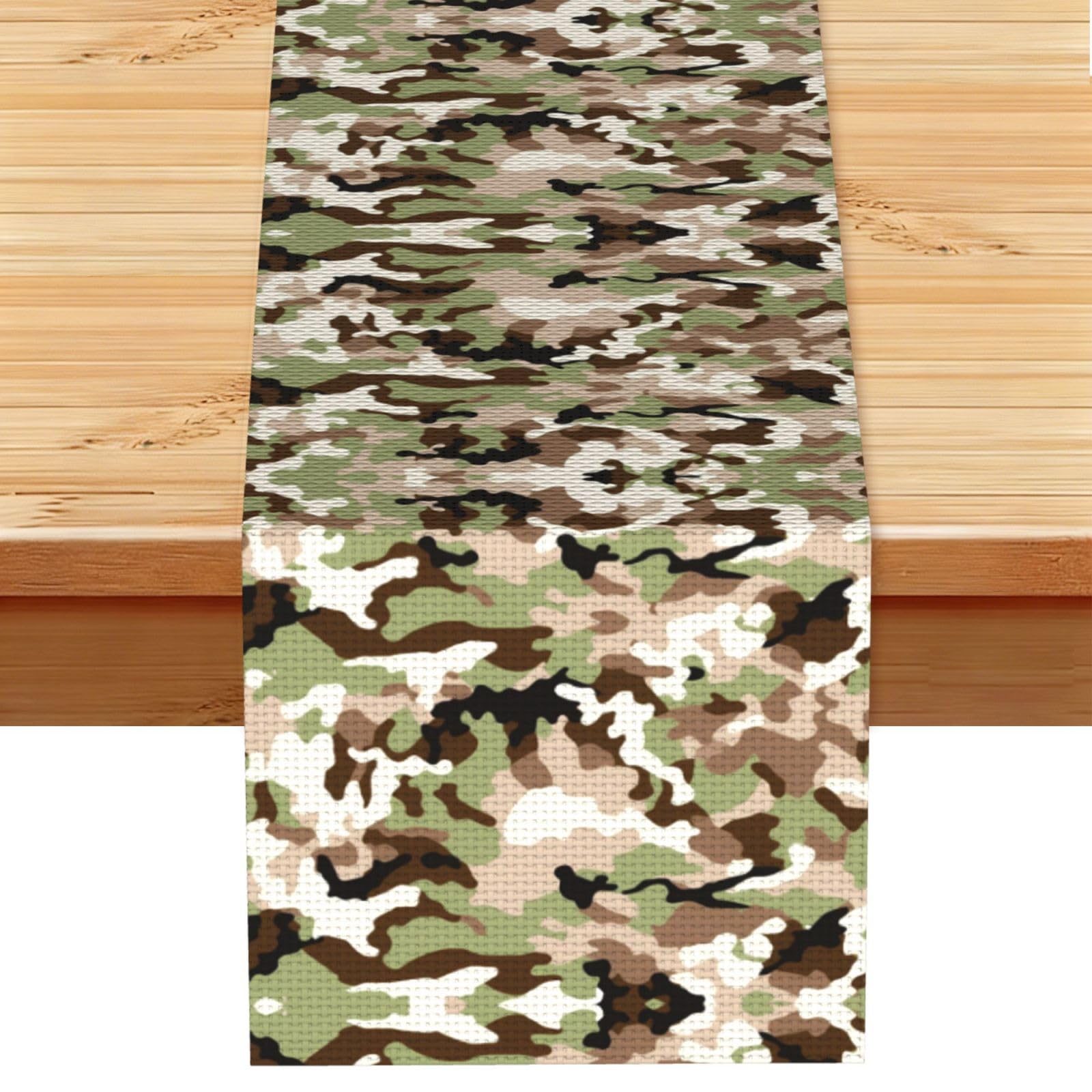 Earthy Green Beige Camo Printed Table Runner 13 x 72, Wrinkle Resistant Decor for Dining Table Coffee Table Fireplace