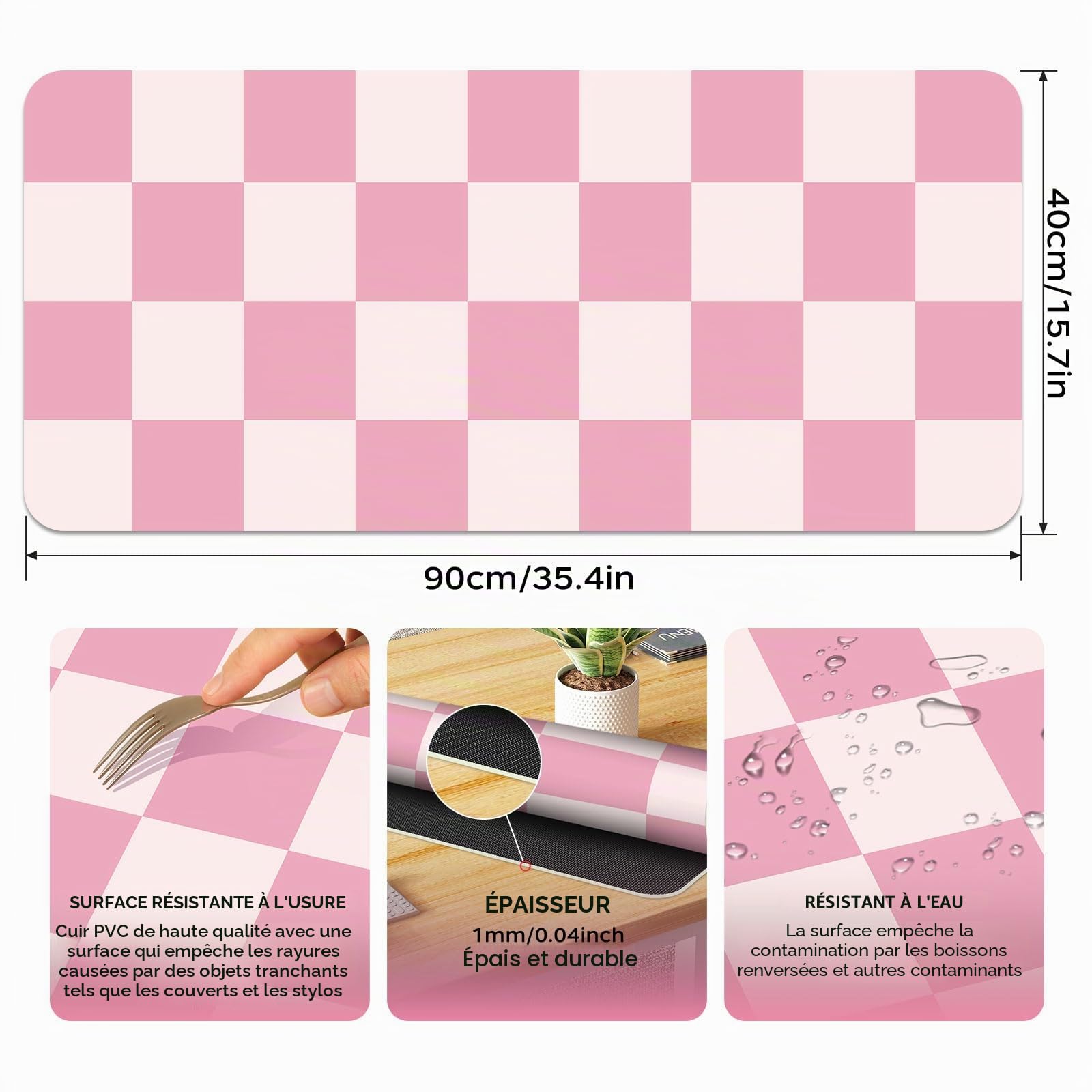 Tapis de Bureau en Cuir Rose Antidérapant Imperméable pour Souris et Clavier