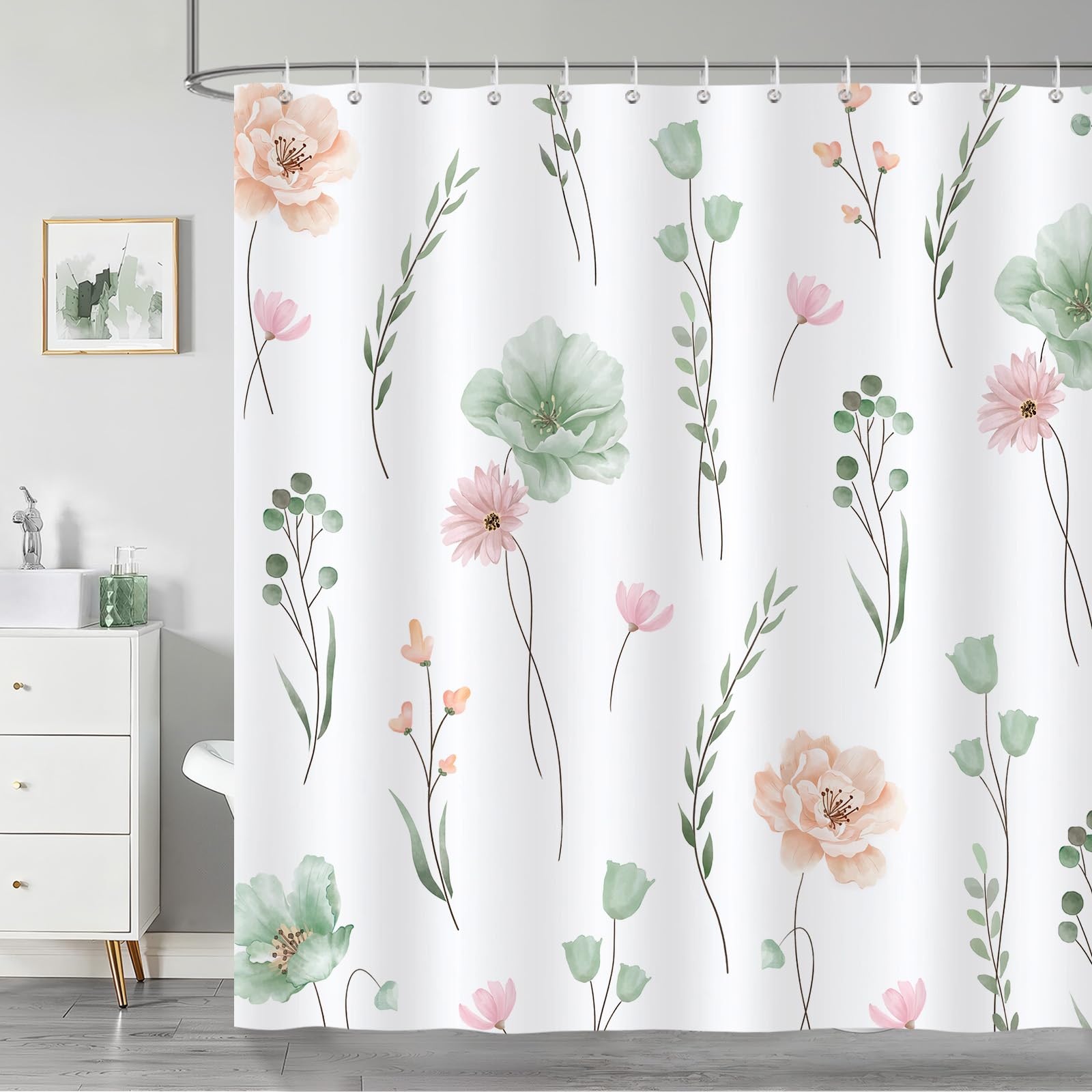 COZZSNUGE Watercolor Floral Shower Curtain, Sage Green Pink Flower Leaves Modern Minimalist Bathroom Curtain 180 x 180 cm, Water Repellent Mildew Resistant Polyester with 12 Hooks