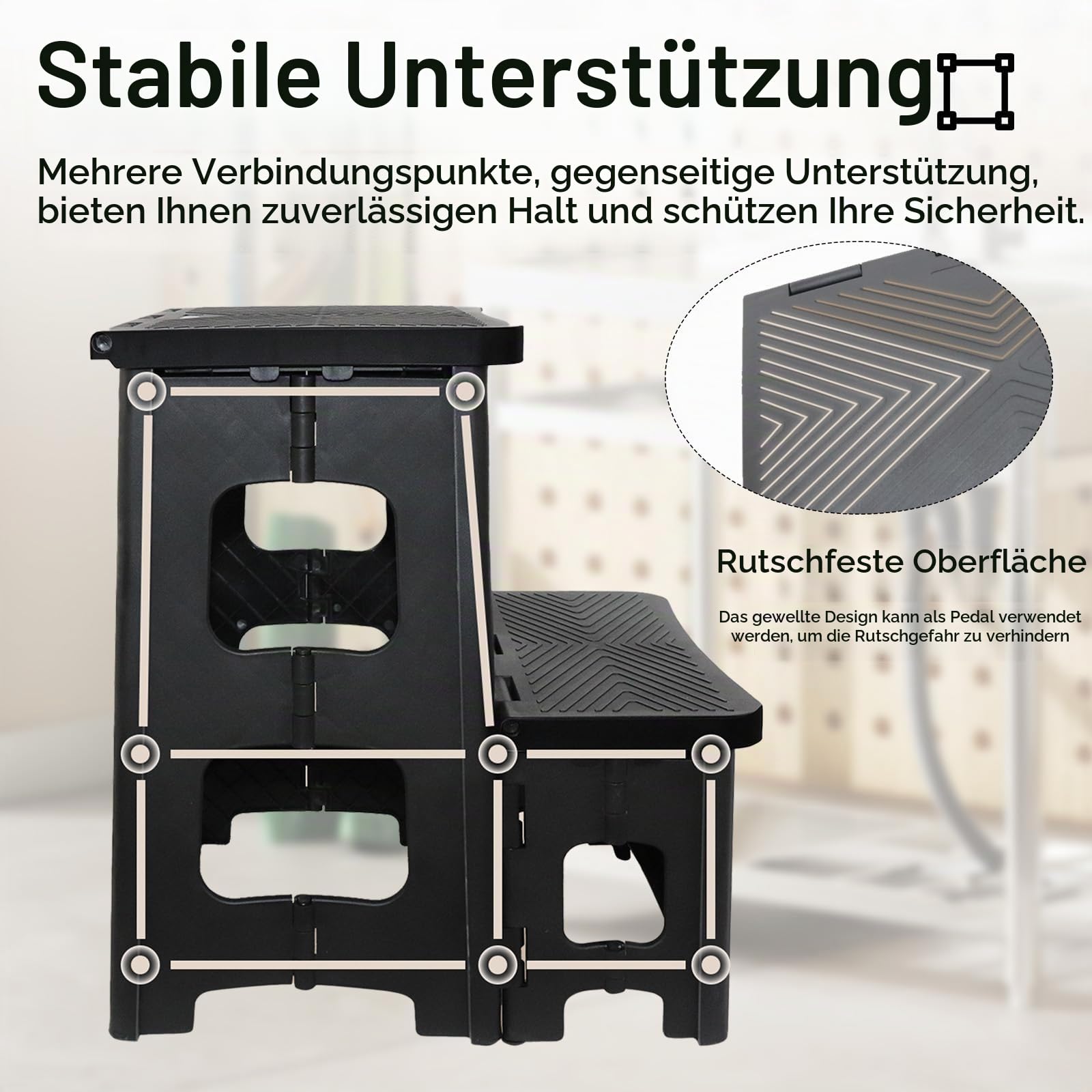 2 Stufen Tritthocker Klappbar mit Rutschfester Trittfläche für Kinder - Weißer Klapphocker 150kg Tragfähigkeit für Küche, Haus, Büro und Draußen