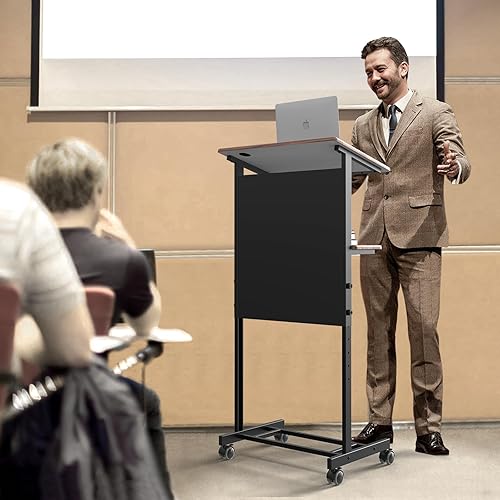 Miniatura 6 de VINGLI Podio portátil de 24 pulgadas de ancho, negro y marrón, atril de altura ajustable con estante y portavasos para informes, atril móvil de pie,