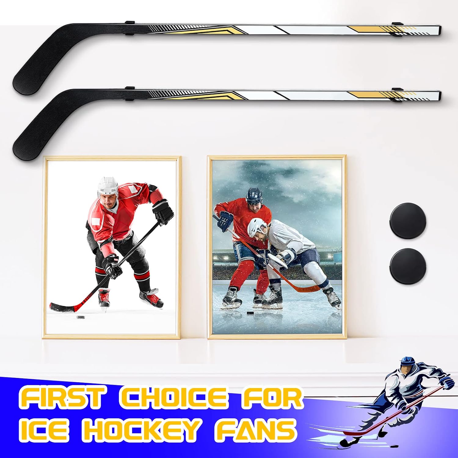 Dunzy 2 Pair Hockey Stick Wall Mount Display Rack, Black Horizontal Display Holder, Ice Hockey Stick Storage Organizer Hanger, Space-Saving Bracket for Vertical, Diagonal, Home Office Gifts