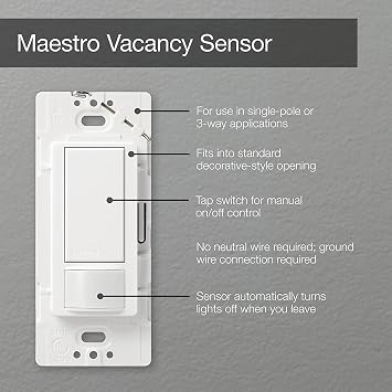 Lutron Maestro Vacancy Motion Sensor Light Switch for Bathroom, Garage, Laundry Room, and Closet, for Any Light Bulbs, Vacancy Sensor Only, Single-Pole Only, No Neutral Required, MS-VPS5MH-WH, White