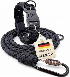 Anti-Diebstahl Hundehalsband & Leine für große Hunde - Abschließbar & schnittfest, mit versteckter AirTag-Halterung, handgemachtes Set aus Paracord mit Stahlseil-Kern (Leine L (210cm))