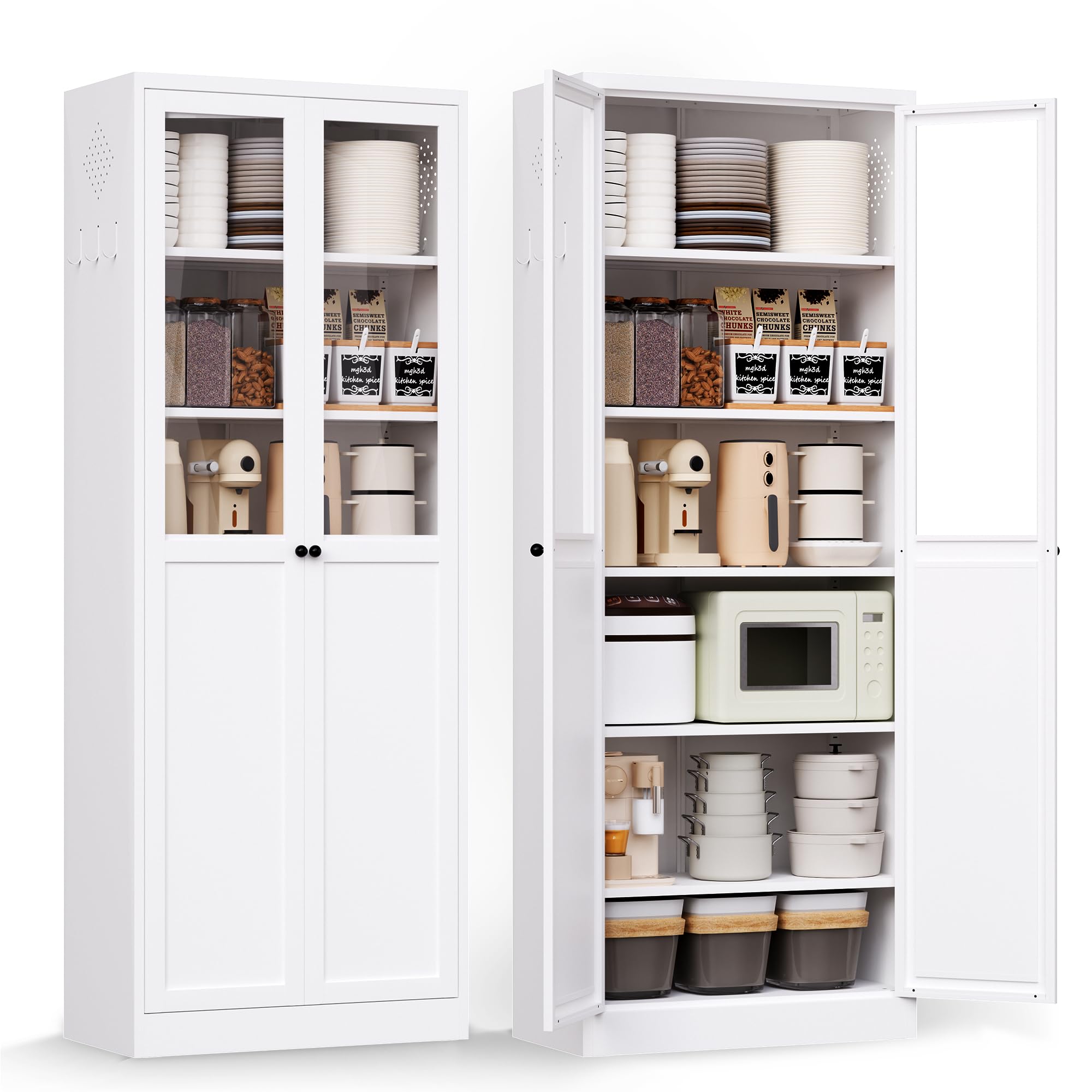 72" H White Steel Kitchen Pantry Cabinet with Glass &amp; Metal Doors