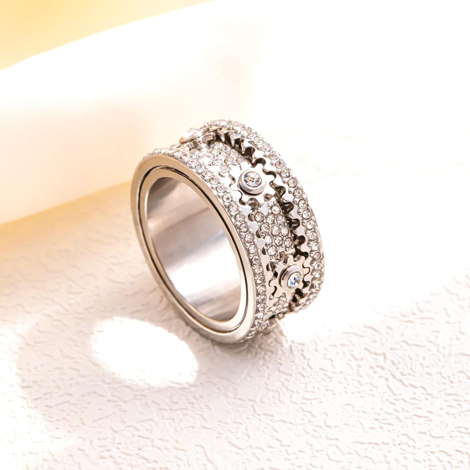 Interactive Outer Ring Drives Gears Rotatable EDC Ring Iced Out Alloy Jewelry, Sparkling Mechanical Fidget Band