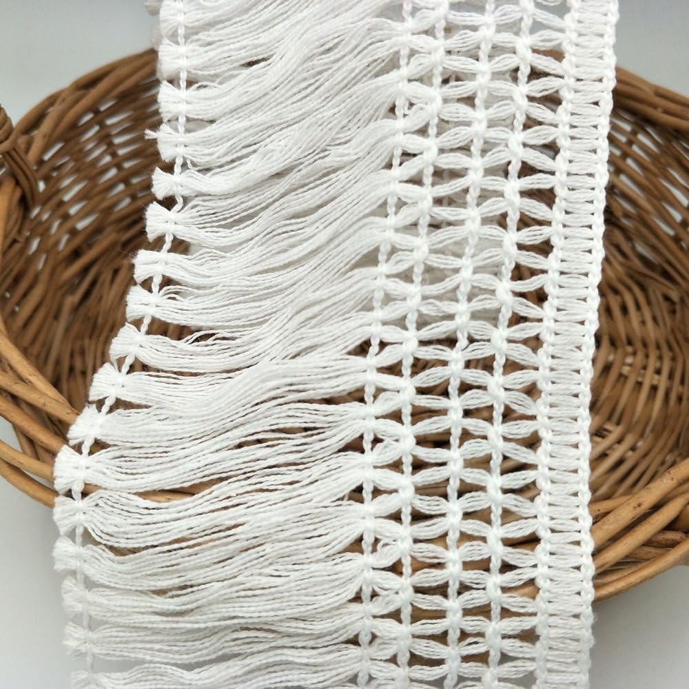 FQTANJU 1 Yards X 10cm Wide Cotton Tassel Fringe in Beige. 10cm, 5 yards, white White S-37