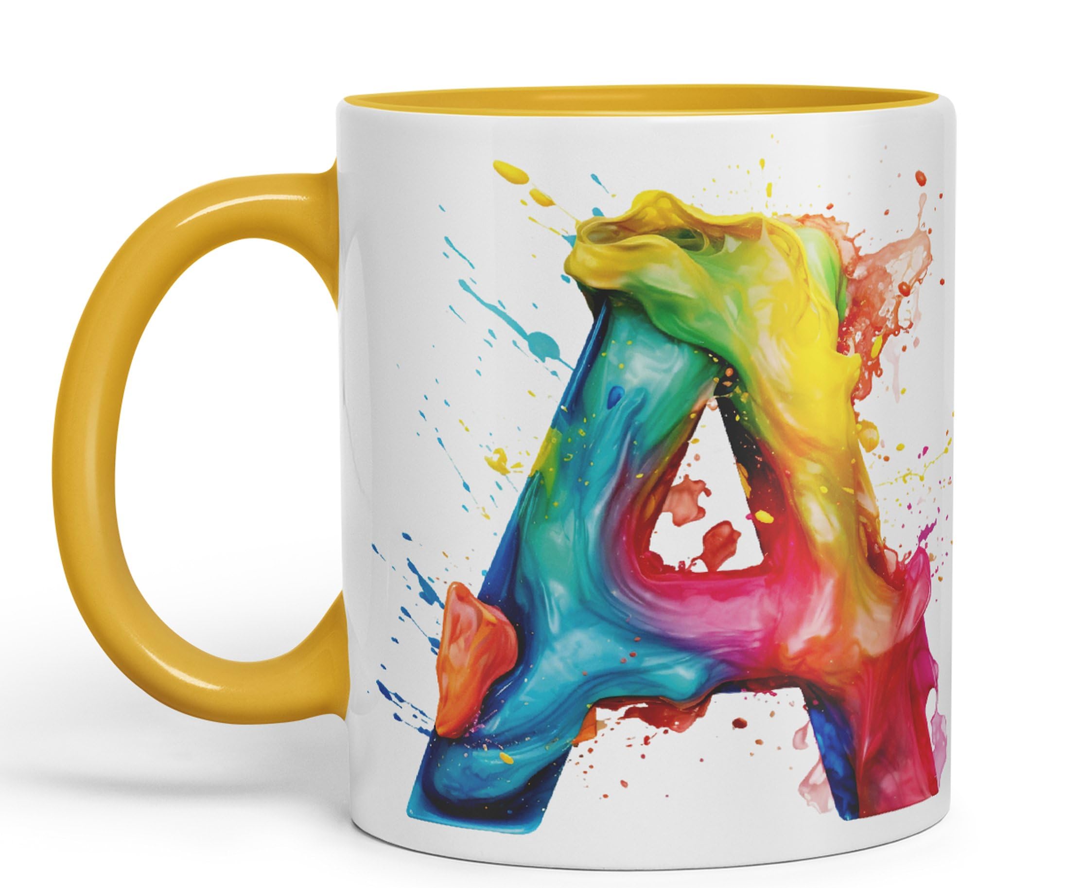 Vixar Letter A Mug, Alphabet Letter A Monogram Watercolour Ceramic Coloured Mug Cup for Tea Coffee Hot Brew 330ml 11Oz Gift (G Yellow)