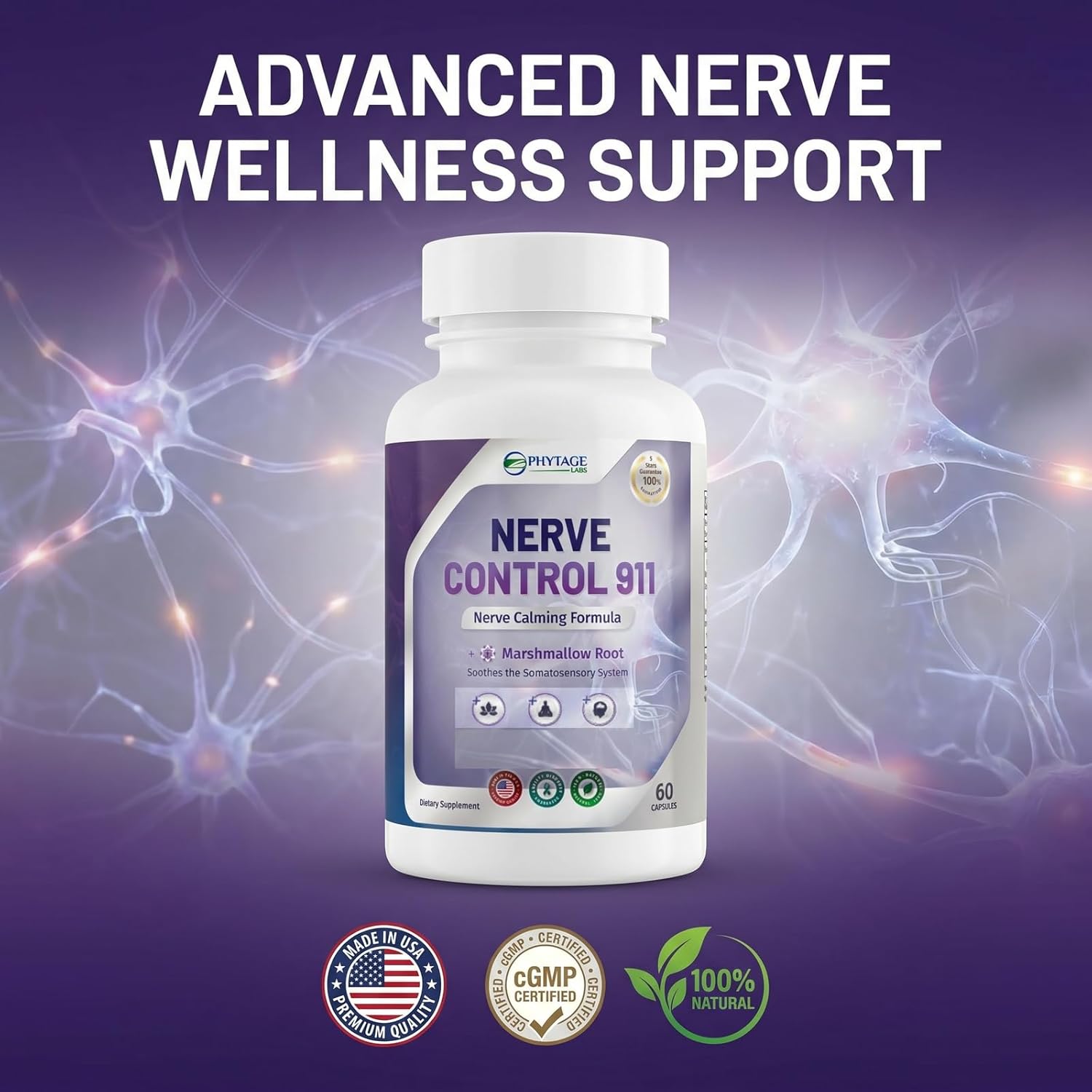 Nerve Control 911 – Advanced Botanical Nerve Support Supplement with Passion Flower, Marshmallow Root and Corydalis – Promotes Daily Calm and Central Nervous System Wellness – 60 Capsules