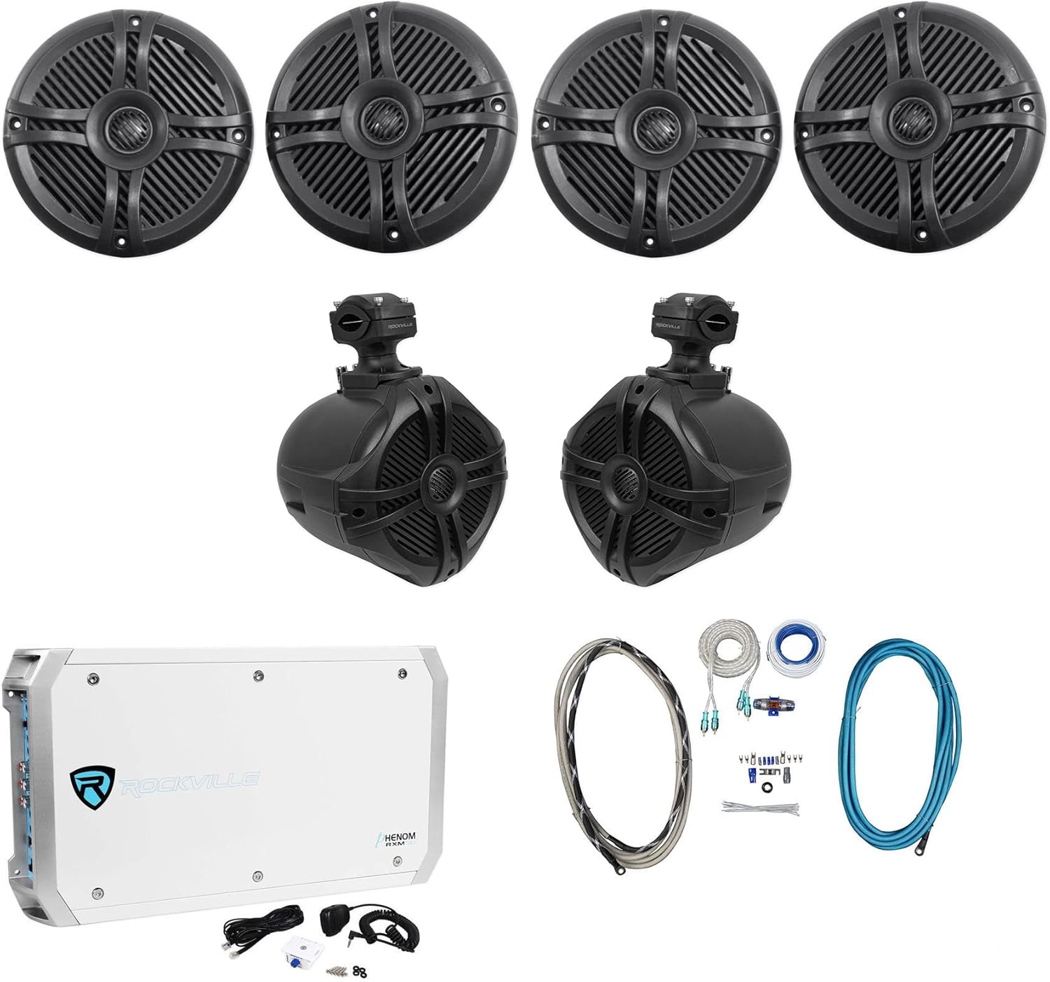 Rockville Marine Audio Bundle: (4) RMSTS65B 6.5" 800W Peak/200W RMS Waterproof Speakers, RXM-S6 2600W 6-Ch Amplifier with Mic, (2) RWB70B 6.5" Wakeboard Tower Speakers, RMWK4 Amp Wire Kit, 8-Items