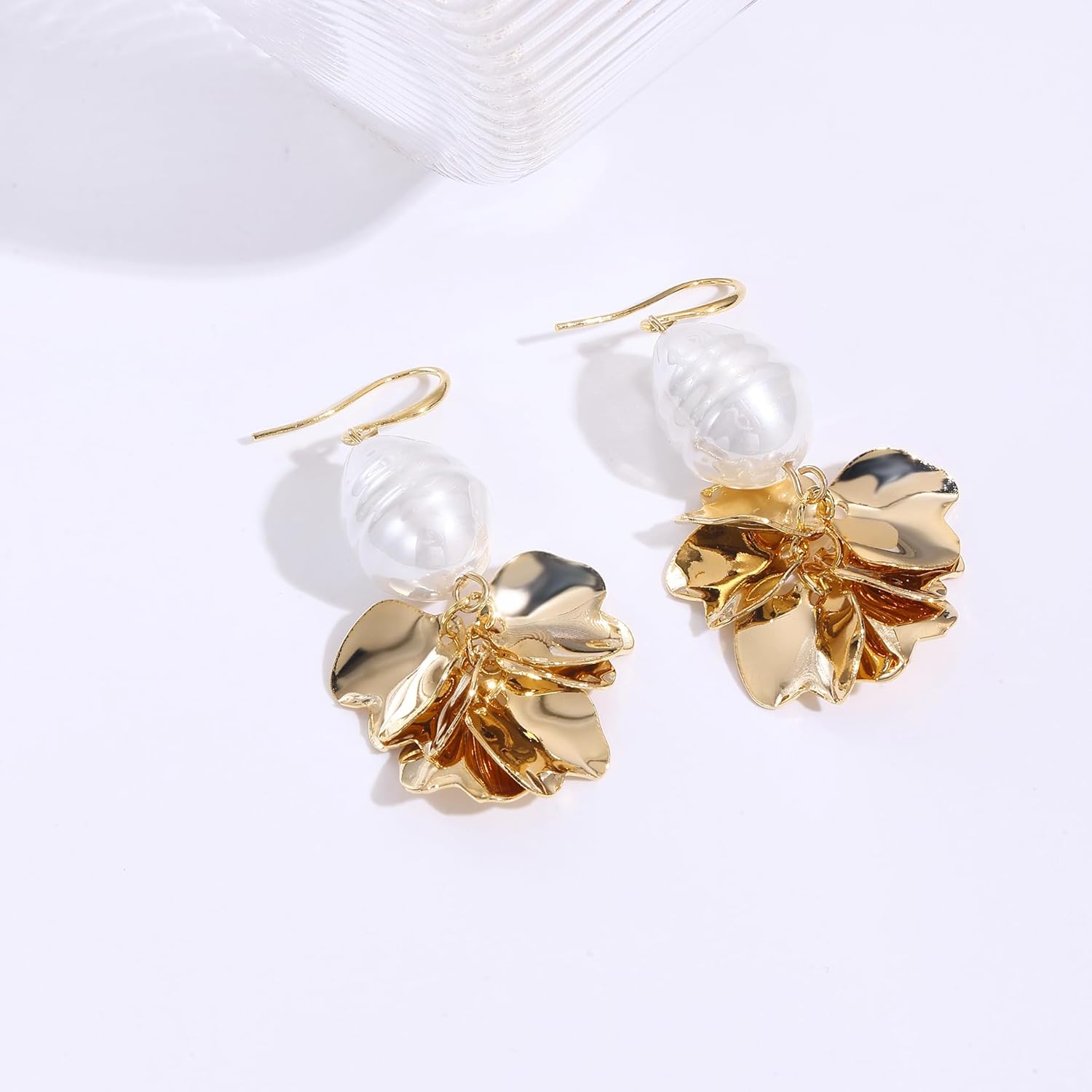 Layered Leaf Pearl Drop Dangle Earring For Women,Metal Boho Flower Petal Exaggerated Jewelry Hook Earrings - Image 3