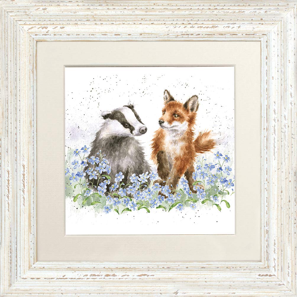 Wrendale Designs White "Forget Me Not Fox And Badger Framed Picture Distressed
