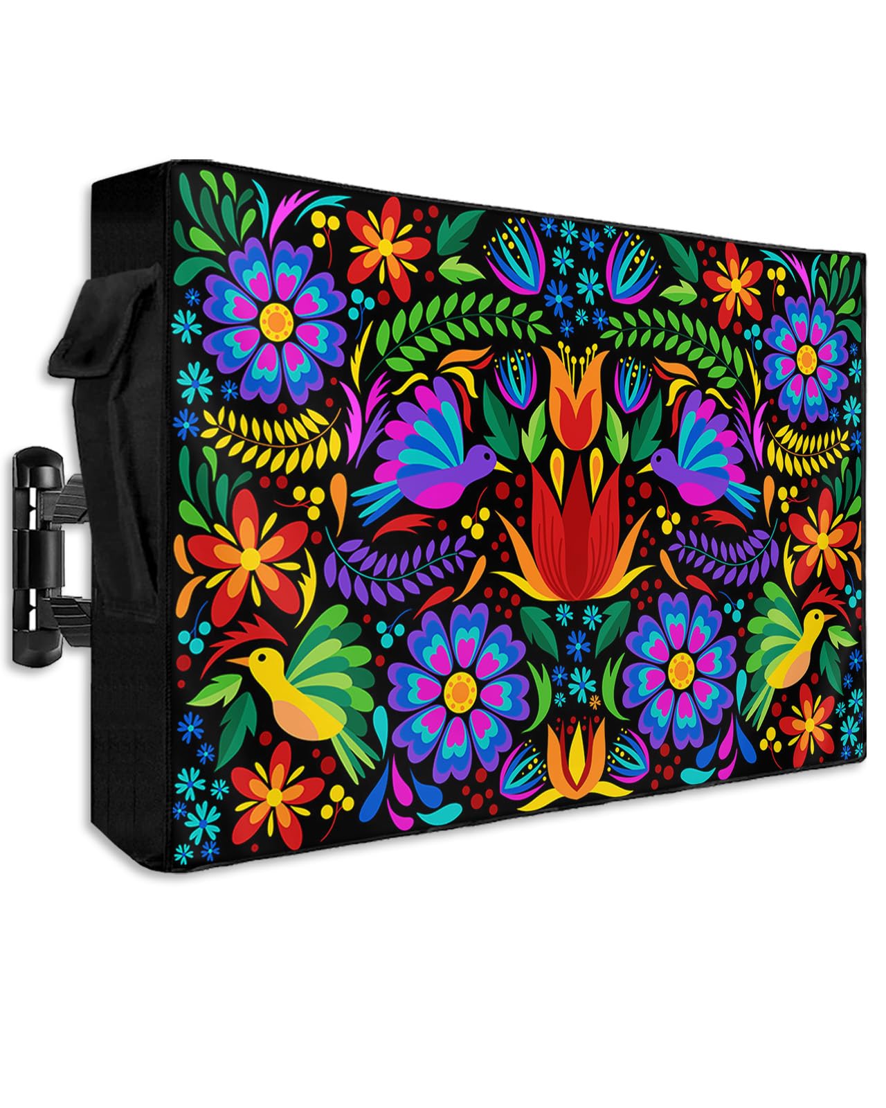 Outdoor TV Cover 30 to 32 Inch Colorful Mexico Style Abstract Flower Floral Leaves Bird Waterproof Weatherproof Outside Zipper TV Screen Protector Flat Television Covers with Remote Control Pocket
