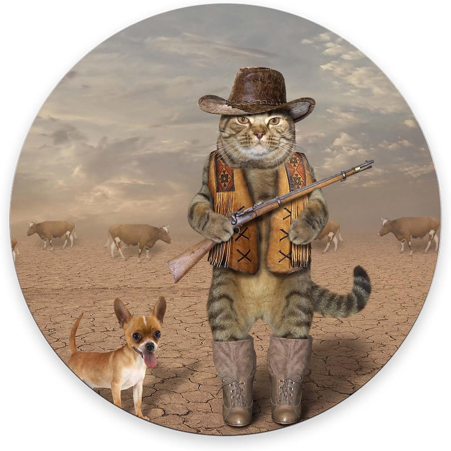Mouse Pad, Cute Mousepad with Design, Round Cowboy Cat and His Dog Mat, Small Non-Slip Rubber Gaming Pads, Office Home Personalized Pad 7.9×7.9×0.12 inches