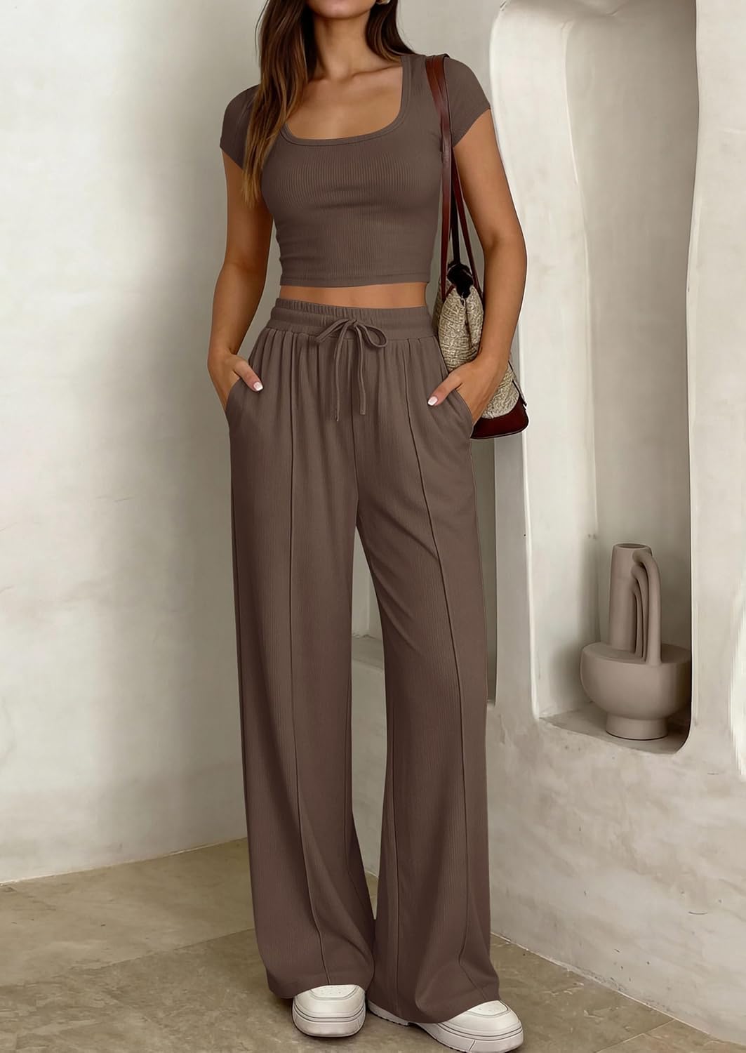 PRETTYGARDEN Women's 2 Piece Matching Lounge Sets Ribbed Short Sleeve Crop Tops Wide Leg Pants 2026 Summer Airport Outfits - Image 6