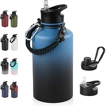 64 oz Insulated Water Bottle with Straw & Spout Lids, Stainless Steel Metal Half Gallon Water Jug with Paracord Handle, Double Wall Vacuum, Leakproof, Keep Drinks Cold & Hot, Blue Black Gradient
