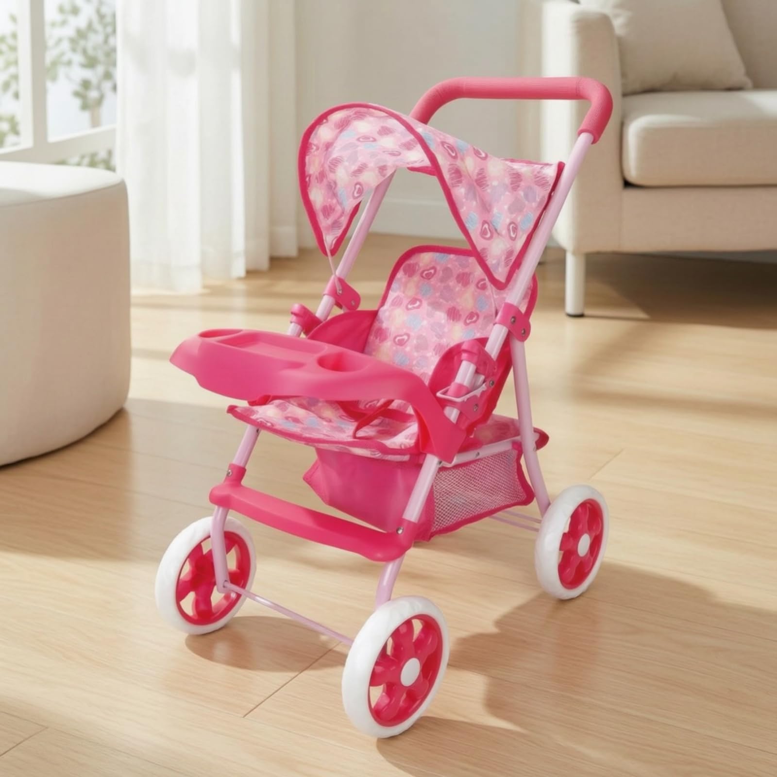 Puppenwagen mit Korb Stabil Spielzeug-Puppenwagen Platzsparend Puppenbuggy für, Zimmer, Großer Verdickter Eisenstange Kinderwagen Griffhöhe Verstellbar