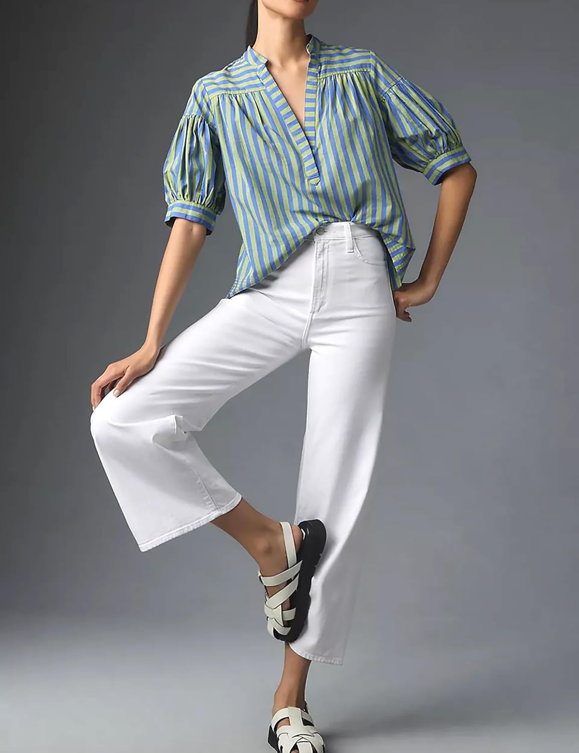 Women Puff Short Sleeve Blouse Trendy Striped V Neck Shirt Summer Business Casual Outfit Cute Babydoll Boho Loose Tops - Image 5