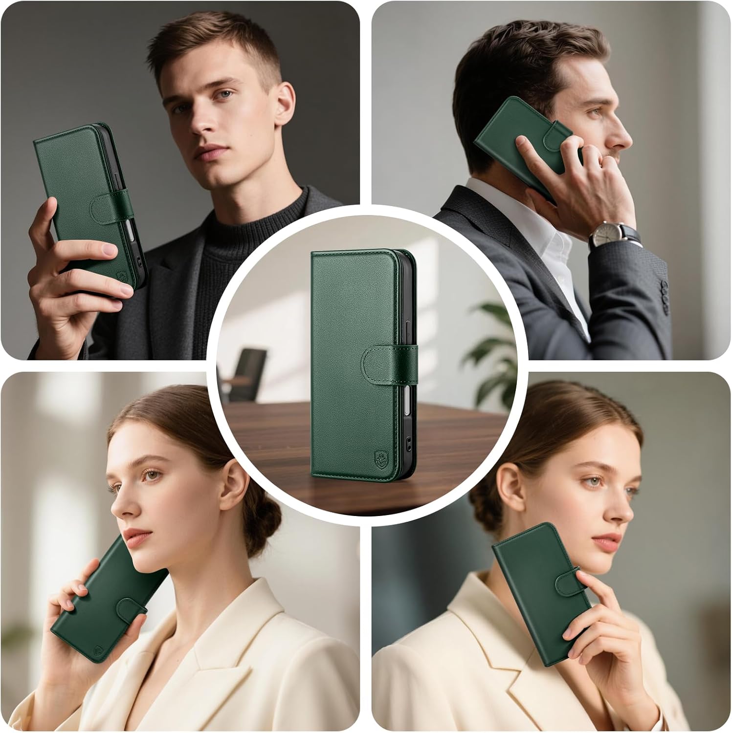 Compatible with iPhone 17 Pro Genuine Leather Case Wallet with Card Holder,Women Men Real Leather Flip Folio RFID Blocking Credit Card Slots Stand Phone Cover,for Apple 17 Pro 6.3",Green