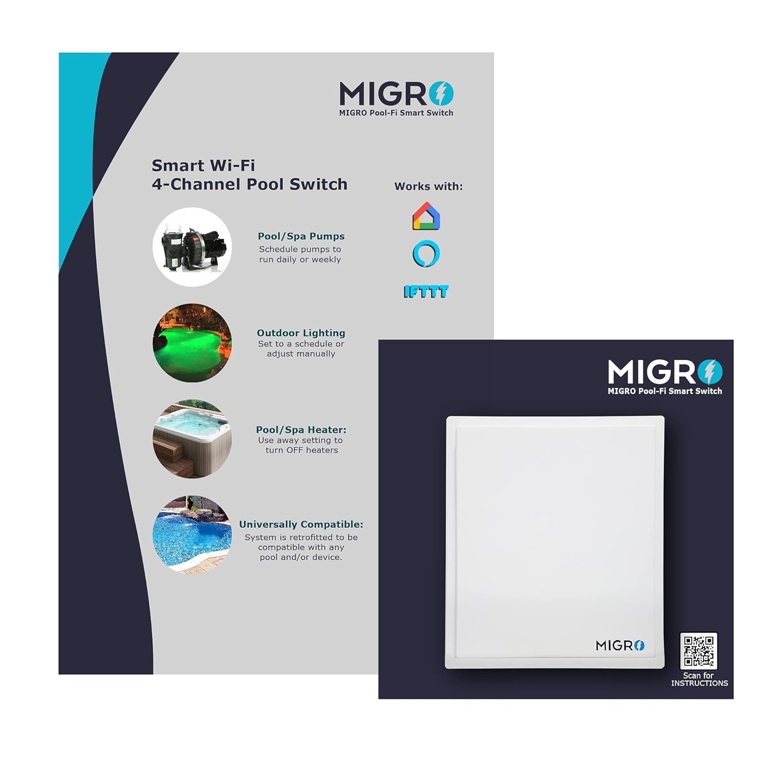 Migro WiFi Pool Pump Timer, Water Heater, Outdoor Switch Outlet Box, Wireless 60A/40A Inductive 240VAC, Compatible with Smart Phone.