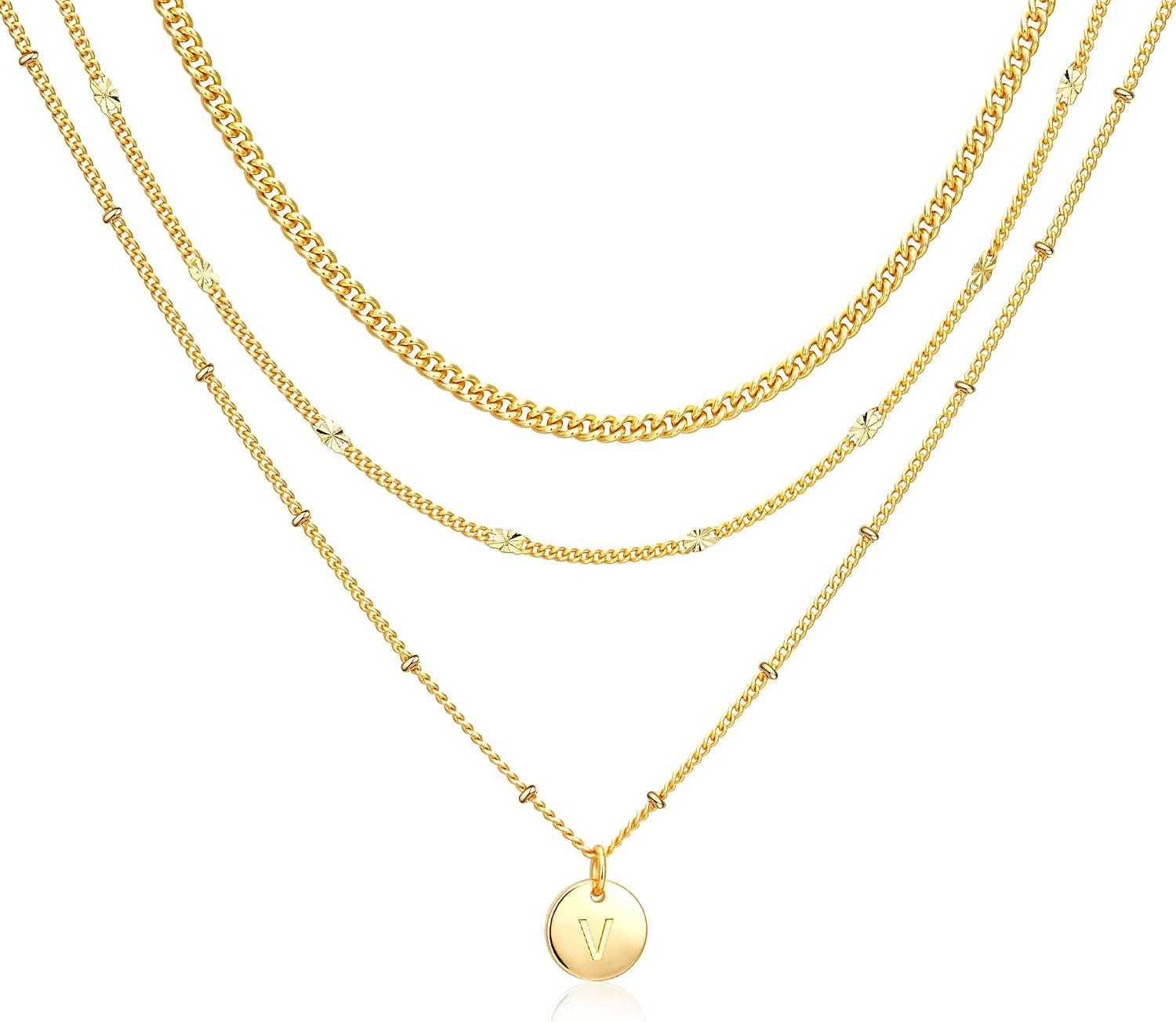 Apsvo Necklaces for Women, 3PCS Layered Initial Necklaces 14K Gold Plated/Sterling Silver Stack Cuban Link Chain Pendant Necklace for Women Jewelry Gift Non Tarnish