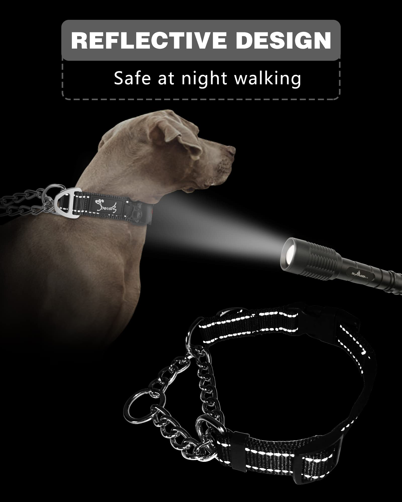 PETTOM Collare Semistrozzo per Cani Cane Addestramento Collari con Catena Regolabile Riflettente Anello di Metallo Nylon Imbottito Fibbia di Sicurezza Martingale Collare per Camminare Allenarsi Nero