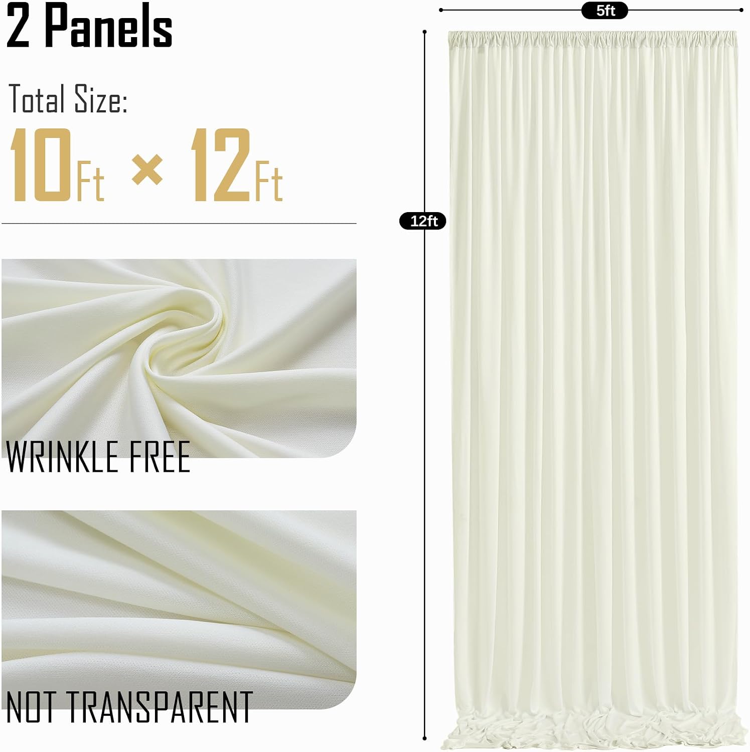 gogoparti 10ft x 12ft Ivory Wrinkle-Free Backdrop Curtain for Wedding Parties, Thick Polyester 2 Panels 5x12ft for Wedding Birthday Baby Shower Halloween Photography Party Background