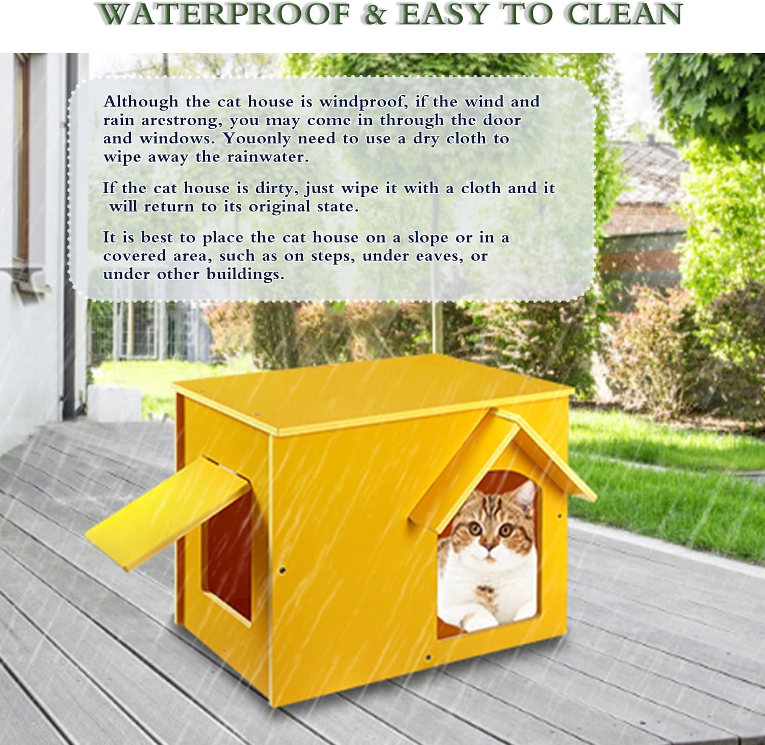 review Outdoor Cat House, Feral Cat Shelter, Waterproof Stray Cat Outdoor Indoor Pet House for Small Animal with Escape Door, Yellow