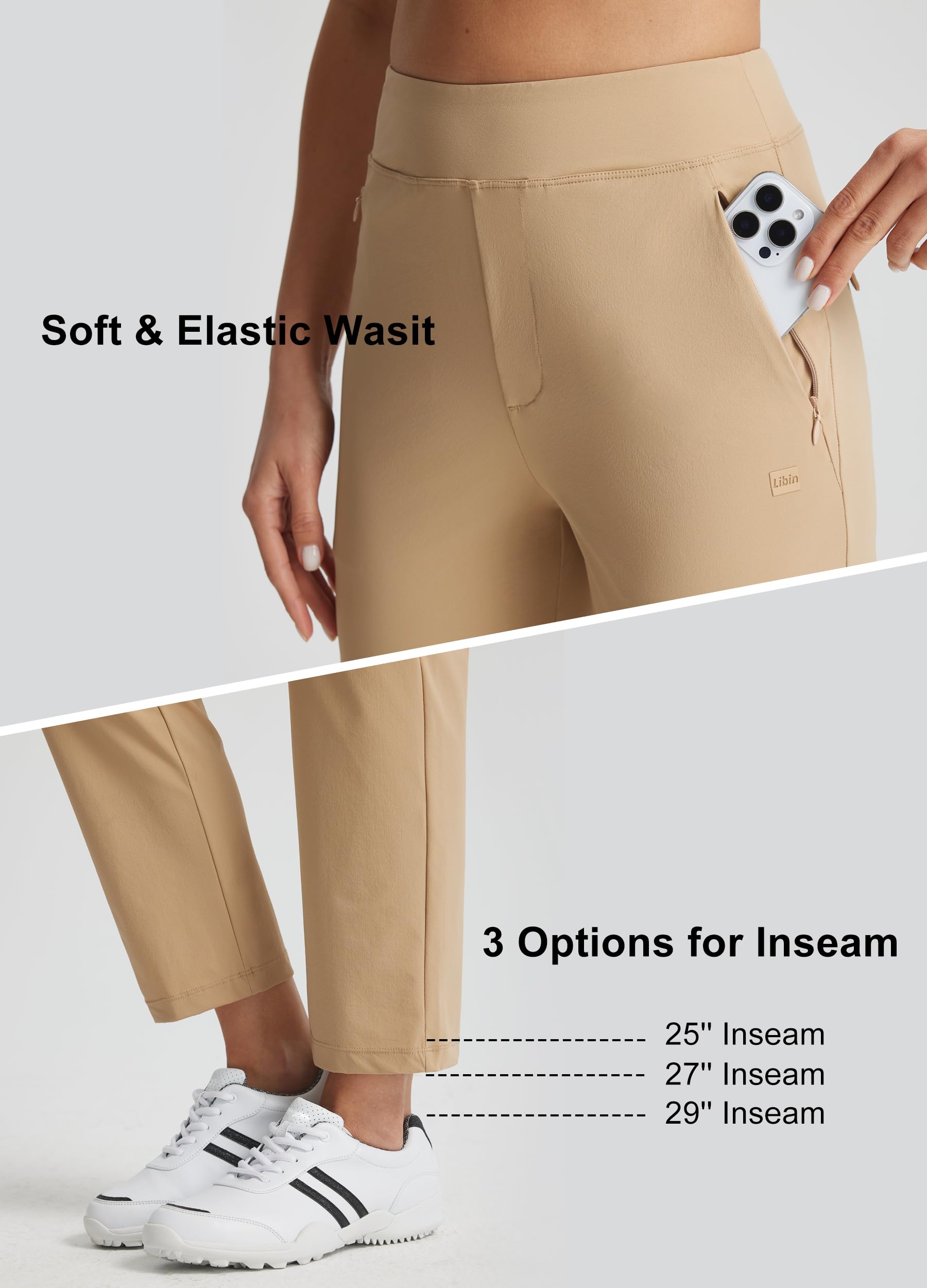 Libin Pantalones de golf para mujer, elásticos, de viaje, de cintura alta, bolsillos con cremallera, pierna recta, suaves, ligeros